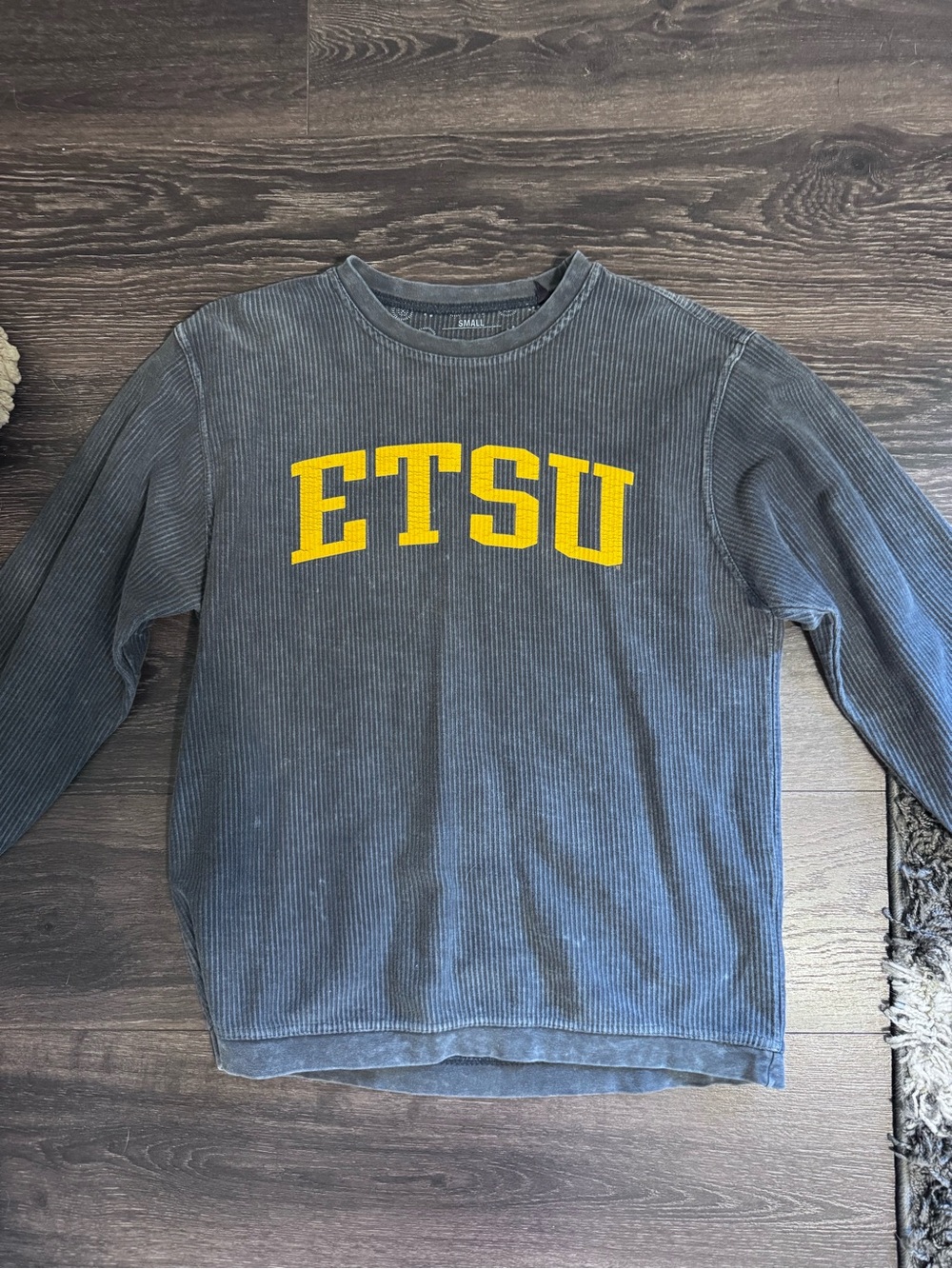 Pressbox Charcoal Ribbed Crewneck with Yellow ETSU Lettering